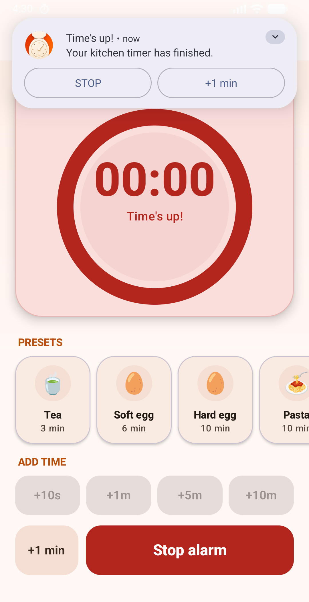 Time's up alarm screen